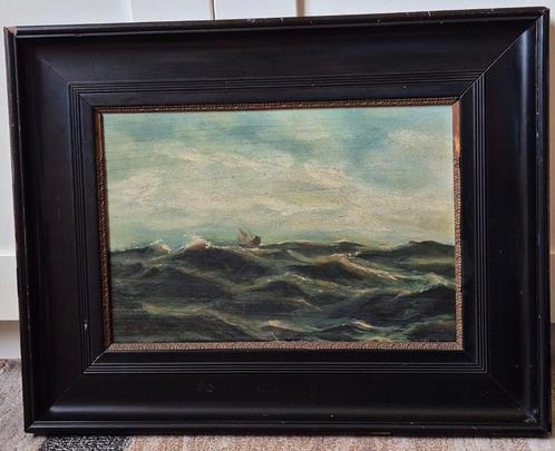 Antieke woelige zeegezicht met hoge golven op paneel., Antiek en Kunst, Kunst | Schilderijen | Klassiek, Ophalen of Verzenden