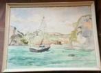 Mooie aquarel ned. Zeilboot in baai cyriel Whitewasters., Ophalen