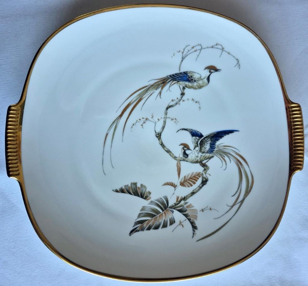 Vintage 11-delig gebakstel motief 'Paradijsvogel', Antiek en Kunst, Antiek | Servies compleet, Ophalen of Verzenden