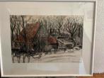 Exloo, impressie van boerenerf, tekening in 2 kleuren ., Ophalen