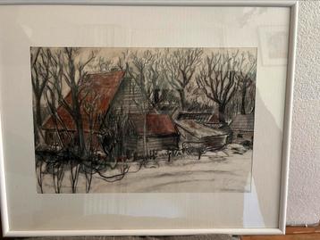 Exloo, impressie van boerenerf, tekening in 2 kleuren . beschikbaar voor biedingen