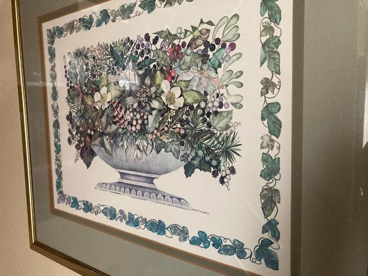 Mooie afbeelding van een schaal met bloemen, Huis en Inrichting, Woonaccessoires | Schilderijen, Tekeningen en Foto's, Zo goed als nieuw