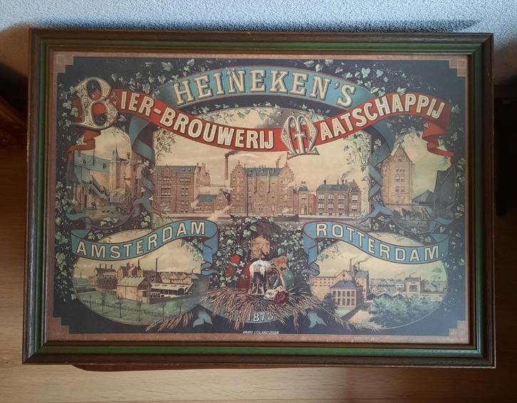 Oude ingelijste Heineken affiche, Verzamelen, Biermerken, Gebruikt, Reclamebord, Plaat of Schild, Heineken, Ophalen