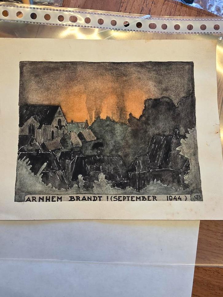 Arnhem Brandt 1944 - Originele tekening, Antiek en Kunst, Kunst | Tekeningen en Foto's, Ophalen of Verzenden