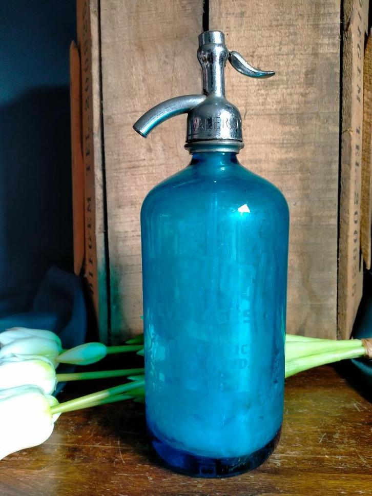 Oude sodafles/ chiffon aquablauw, Valerios Beverage, Antiek en Kunst, Curiosa en Brocante, Ophalen of Verzenden