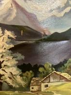 Schilderij: Berglandschap met huis en bloeiende boom, Ophalen of Verzenden