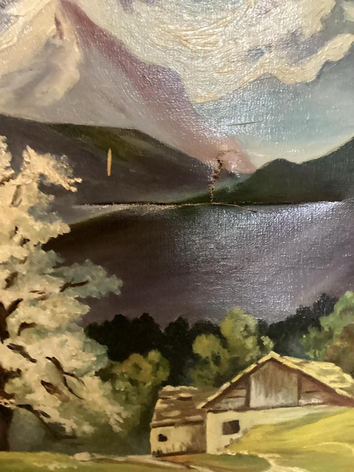 Schilderij: Berglandschap met huis en bloeiende boom, Antiek en Kunst, Kunst | Schilderijen | Klassiek, Ophalen of Verzenden