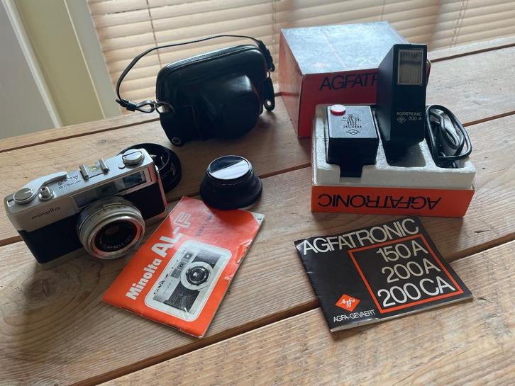 Minolta AL-F 35 mm incl Agfatronic 200A Flitser & accesoires, Audio, Tv en Foto, Fotocamera's Analoog, Gebruikt, Spiegelreflex