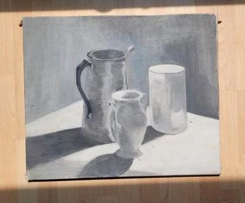 Olieverf in grijstinten stilleven poten schilderij op doek  beschikbaar voor biedingen