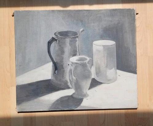 Olieverf in grijstinten stilleven poten schilderij op doek, Antiek en Kunst, Kunst | Schilderijen | Modern, Ophalen of Verzenden