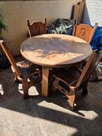 Massief eiken kloosterset ronde tafel + 4 stoelen, Tuin en Terras, Ophalen, Eettafel