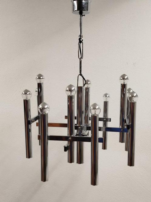 Vintage Italiaanse 1960s Chromé Sciolari 12-armige hanglamp, Huis en Inrichting, Lampen | Hanglampen, Zo goed als nieuw, 50 tot 75 cm