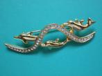 Mooie Goud Double Broche met 3 Dolfijntjes en strass steentj, Verzenden, Overige materialen, Broche, Verguld