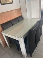 Salon tafel hoogglans wit met 6 stoelen en glas, Glas, Zo goed als nieuw, Ophalen