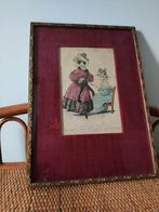 Prachtige oude ingelijste modeprent met stof, achter glas, Antiek en Kunst, Verzenden