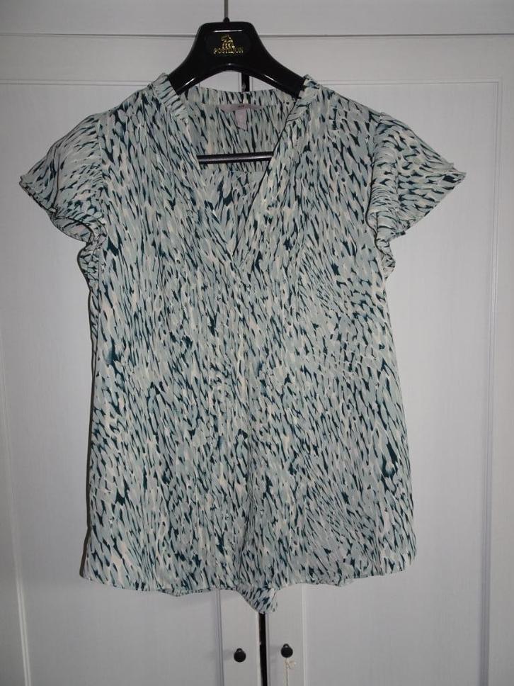 blouse korte mouw groen gespikkeld H&M 44 kapmouw, Kleding | Dames, Blouses en Tunieken, Zo goed als nieuw, Maat 42/44 (L), Groen