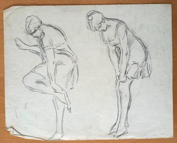 A493-51 Oude tekening schetsen 2 vrouwen vanaf zijkant beschikbaar voor biedingen
