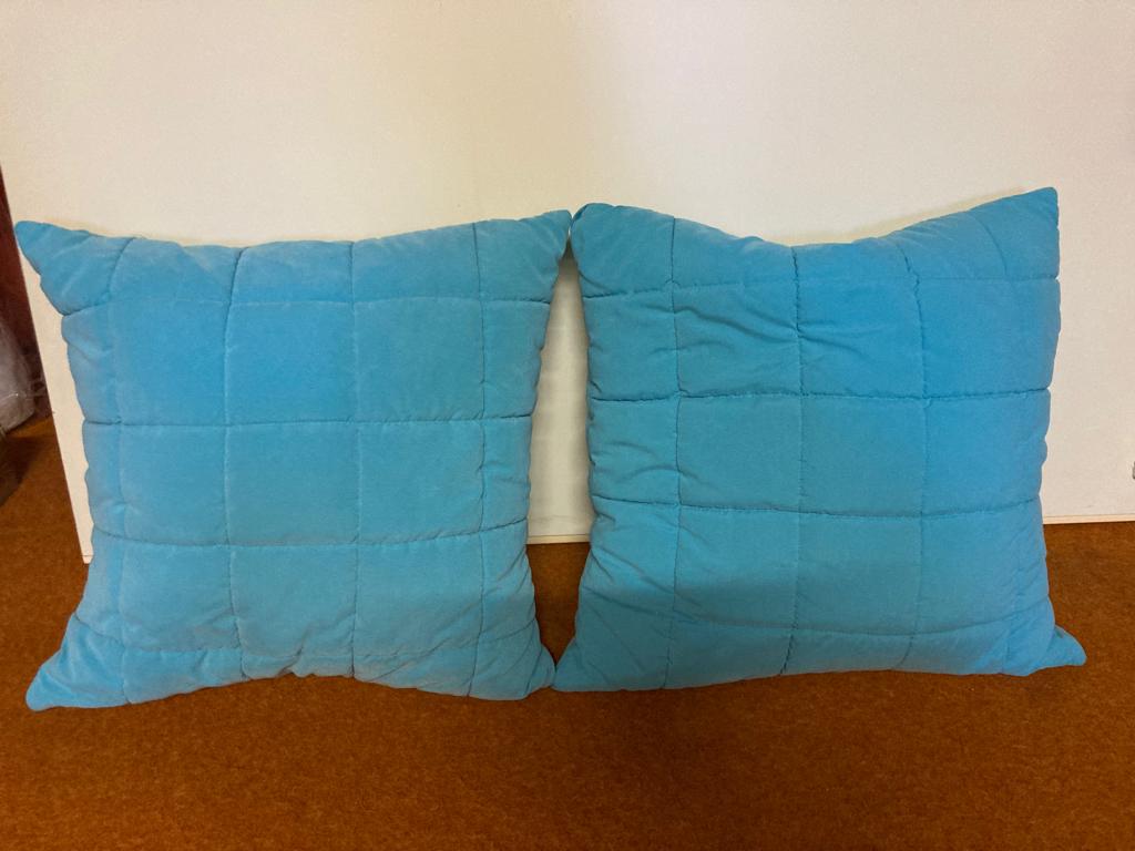 2 aqua blauwe kussens, Huis en Inrichting, Woonaccessoires | Kussens, Zo goed als nieuw, Blauw, Vierkant, Ophalen of Verzenden