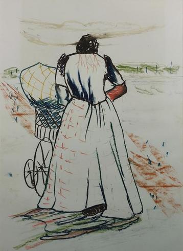 Ronald Versloot(1964)Kleurpotl papier"Vrouw Wandelwagen" Gem beschikbaar voor biedingen