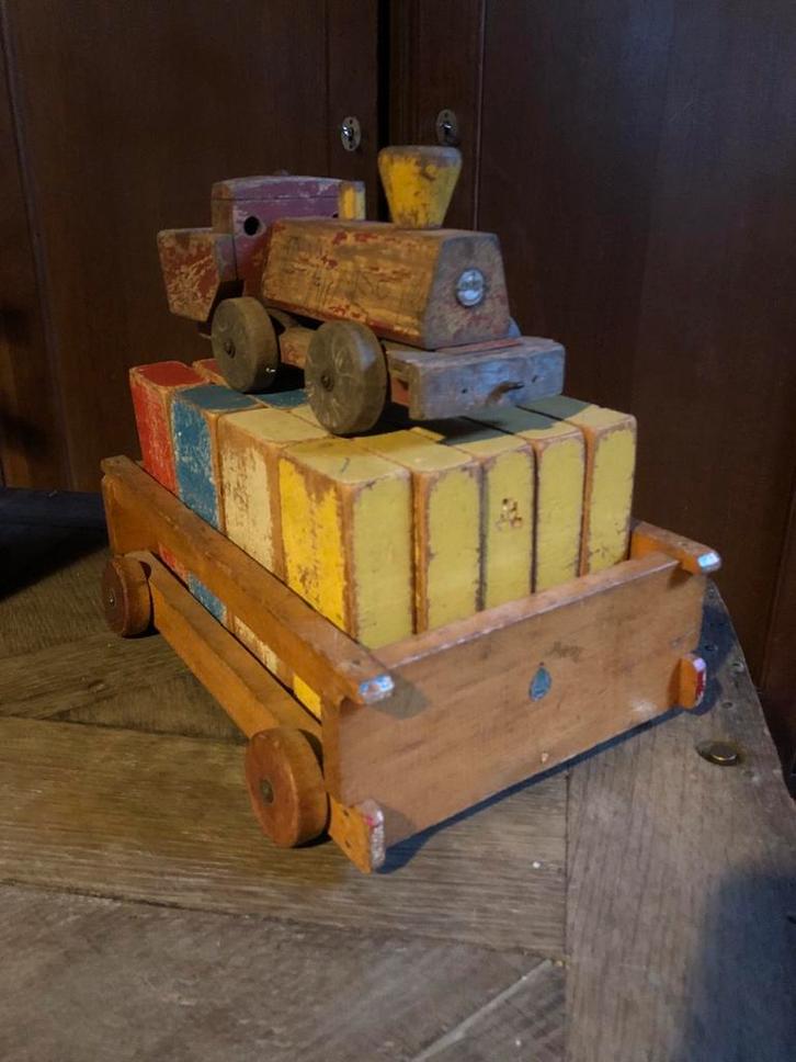 Vintage Houten Speelgoed Trein met Blokkenwagen, Antiek en Kunst, Antiek | Speelgoed, Ophalen of Verzenden