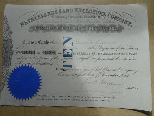 Netherlands Land Enclosure Compagny -Oosterschelde. 1854, Postzegels en Munten, Aandelen en Waardepapieren, Certificaat van aandeel