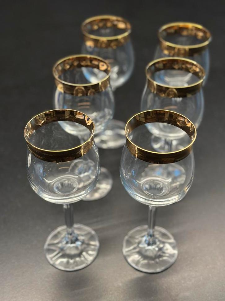 Set van 6 kristallen wijnglazen met gouden rand, Antiek en Kunst, Antiek | Glas en Kristal, Ophalen