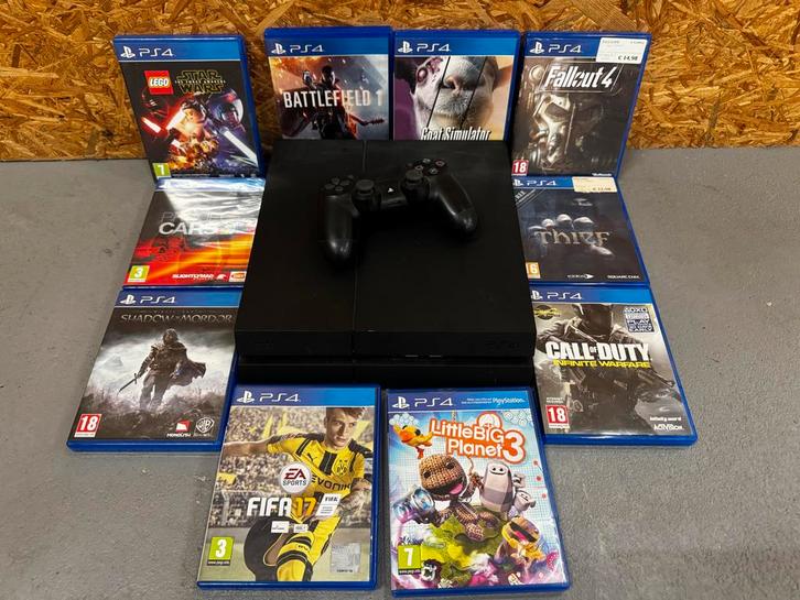 PlayStation 4 met diverse spellen, Spelcomputers en Games, Spelcomputers | Sony PlayStation 4, Gebruikt, Original, 500 GB, Met 1 controller