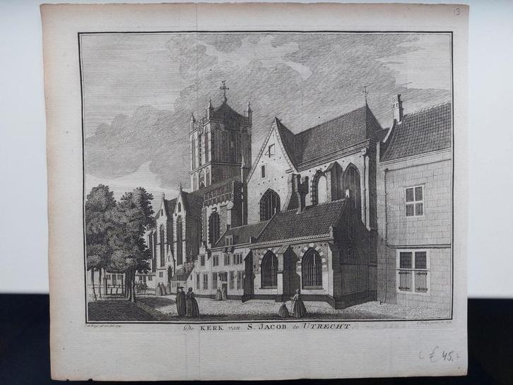 13 Kerk van S. Jacob re Utrecht Gravure uit 1752 J. Philips, Antiek en Kunst, Kunst | Etsen en Gravures, Ophalen of Verzenden