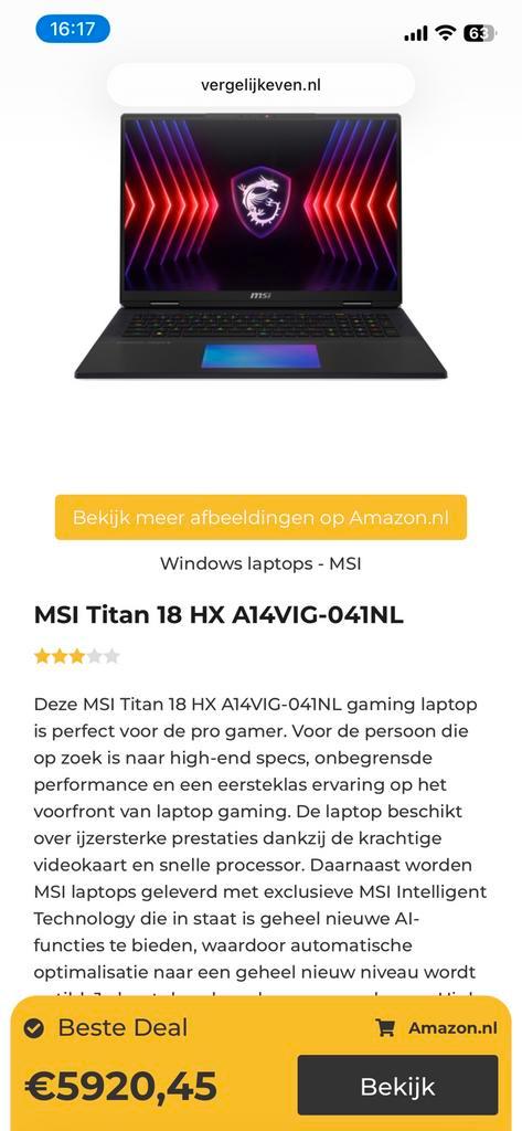 MSI Titan 18 inch 4K HDR  i914900HX 128GB 4TB(raid) RTX4090, Computers en Software, Windows Laptops, Zo goed als nieuw, 17 inch of meer