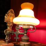 Brocante wandlamp koper met hout en olielamp kap goud antiek, Verzenden, Gebruikt, Metaal, Wandlamp met hout