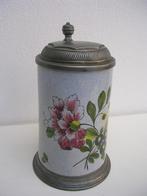 Oude handbeschilderde fayence kruik kan bierkruik tindeksel, Ophalen of Verzenden