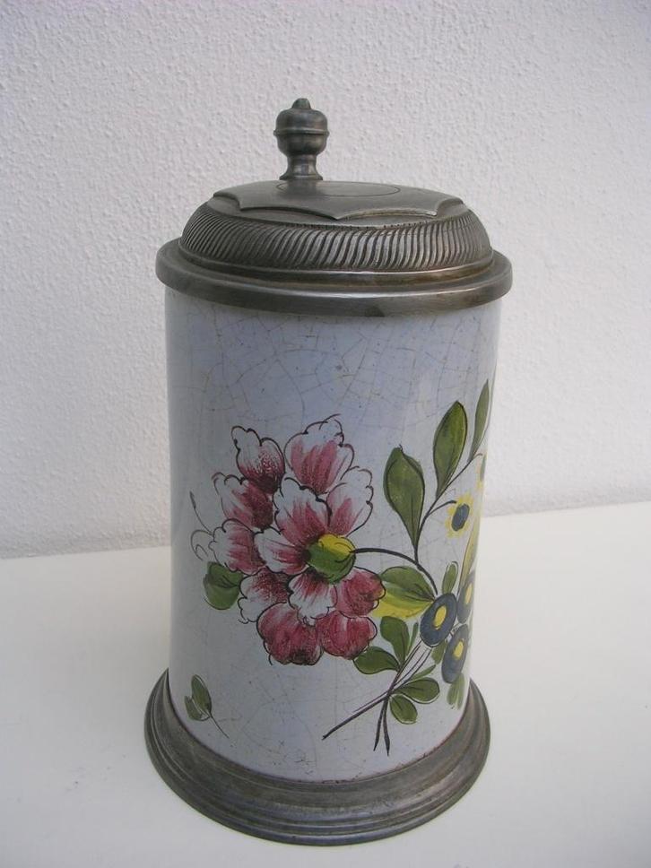 Oude handbeschilderde fayence kruik kan bierkruik tindeksel, Antiek en Kunst, Antiek | Keramiek en Aardewerk, Ophalen of Verzenden