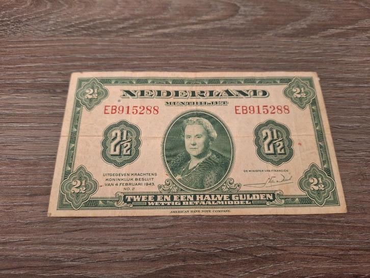 Biljet 2,5 gulden Wilhelmina uit WOII, muntbiljet 1943, Postzegels en Munten, Bankbiljetten | Nederland, 1 gulden, Ophalen of Verzenden