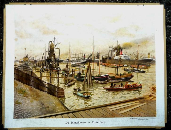Oude schoolplaat met Maashaven Rotterdam, Antiek en Kunst, Antiek | Schoolplaten, Stad- en Dorpsgezichten, Ophalen of Verzenden
