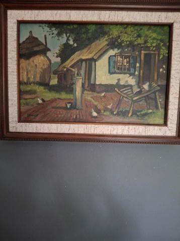 Olieverfschilderij - Boerderijlandschap met Kippen beschikbaar voor biedingen