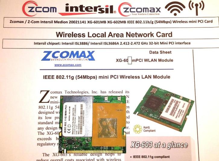 Z-Com Intersil XG-602MB XG-601M 54Mbps Mini PCI Card Wifi, Computers en Software, Vintage Computers, Ophalen of Verzenden
