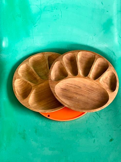 Vintage teak hout borrelbord snackschaal gourmet set van 2, Antiek en Kunst, Antiek | Schalen, Ophalen of Verzenden