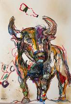Stier 70x100 cm geschilderd door Rien, Antiek en Kunst, Kunst | Schilderijen | Abstract, Ophalen