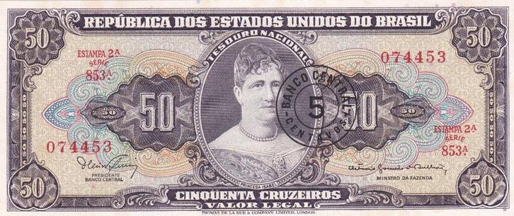 Brazilië 5 centavos op 50 cruzeiros 1966-67, Postzegels en Munten, Bankbiljetten | Amerika, Los biljet, Zuid-Amerika, Verzenden