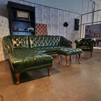 Chesterfield Bank + Fauteuil + Hocker Antiek Groen - Nieuw, Chesterfield, Nieuw, Ophalen of Verzenden, Leer