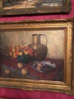 Oud schilderij antiek; bloemen in vaas met fruit, olieverf, Ophalen of Verzenden