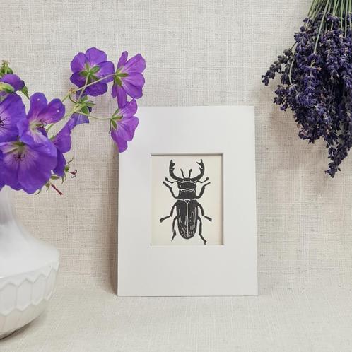 Linoleumsnede print Kever in passe partout 13x18cm, Huis en Inrichting, Woonaccessoires | Schilderijen, Tekeningen en Foto's, Nieuw
