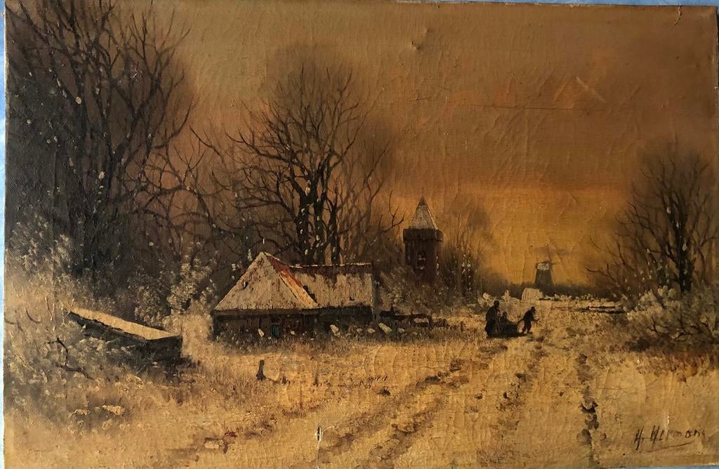 Schilderij van H. Hermans - Winterlandschap, Antiek en Kunst, Ophalen of Verzenden