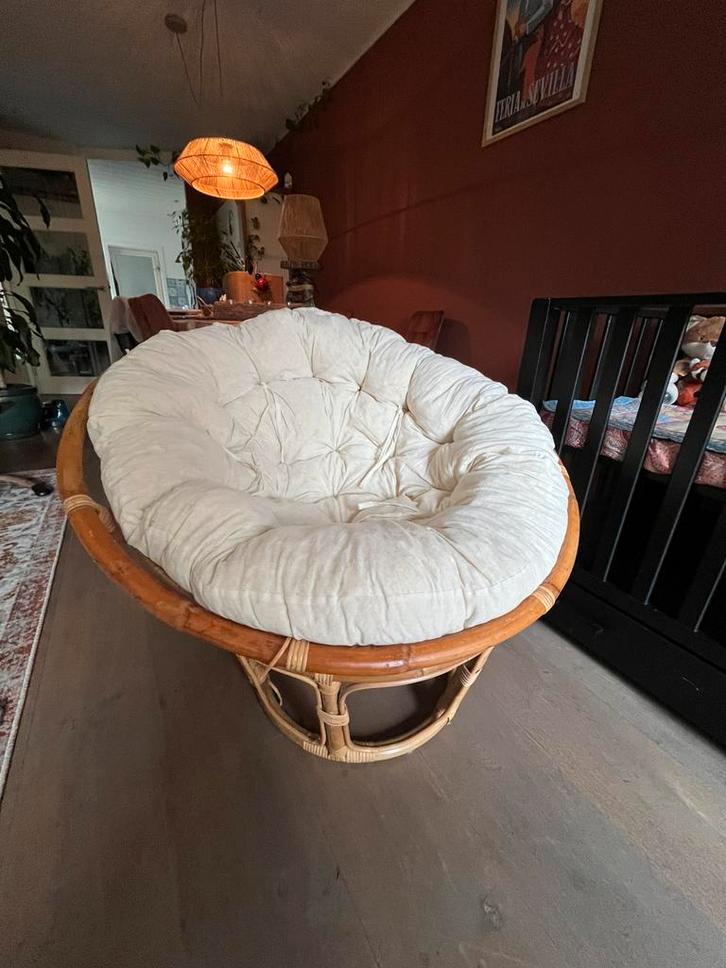 Rotan kuipstoel wit bamboe, Huis en Inrichting, Stoelen, Gebruikt, Eén, Hout, Wit, Ophalen of Verzenden