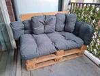 Leuke palletbank/loungeset met lekker veel grijze kussens, Tuin en Terras, Tuinbanken, Ophalen, Zo goed als nieuw, Hout