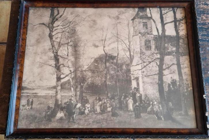Jachttafereel met kerkgangers.  Ca 1875/1900. Duitsland?, Huis en Inrichting, Woonaccessoires | Wanddecoraties, Zo goed als nieuw