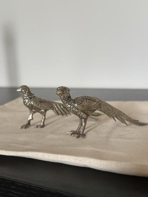 Twee zilveren fazanten – sierobjecten, Verzamelen, Dierenverzamelingen, Gebruikt, Beeldje of Figuurtje, Vogel, Ophalen of Verzenden