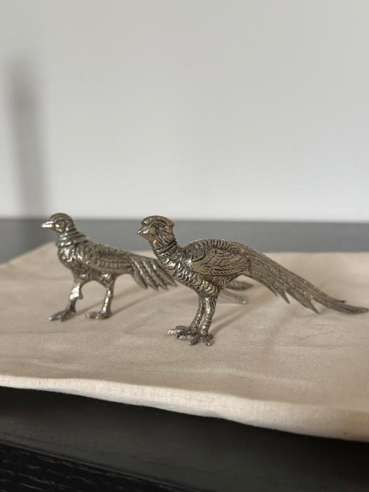 Twee zilveren fazanten – sierobjecten, Verzamelen, Dierenverzamelingen, Gebruikt, Beeldje of Figuurtje, Vogel, Ophalen of Verzenden