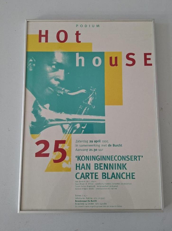 ingelijste poster affiche jazz concert Han Bennink vintage, Verzamelen, Posters, Zo goed als nieuw, Muziek, A1 t/m A3, Rechthoekig Staand
