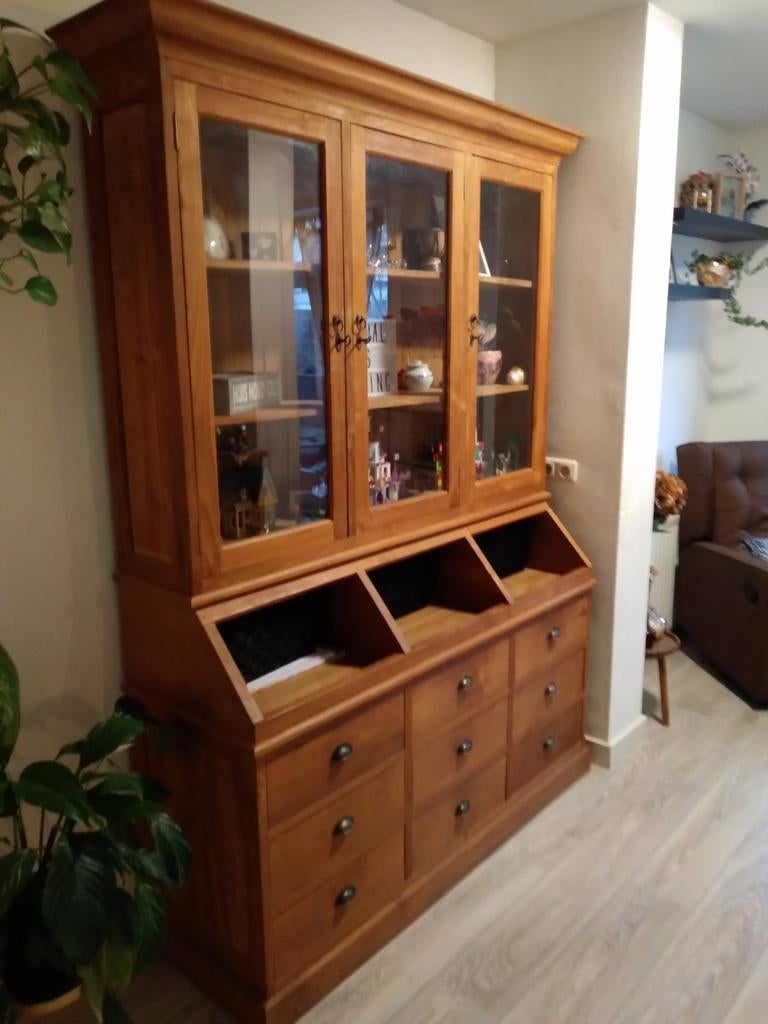 Handgemaakte Kersenhouten Kast, Ophalen, Glas, Met deur(en), 200 cm of meer